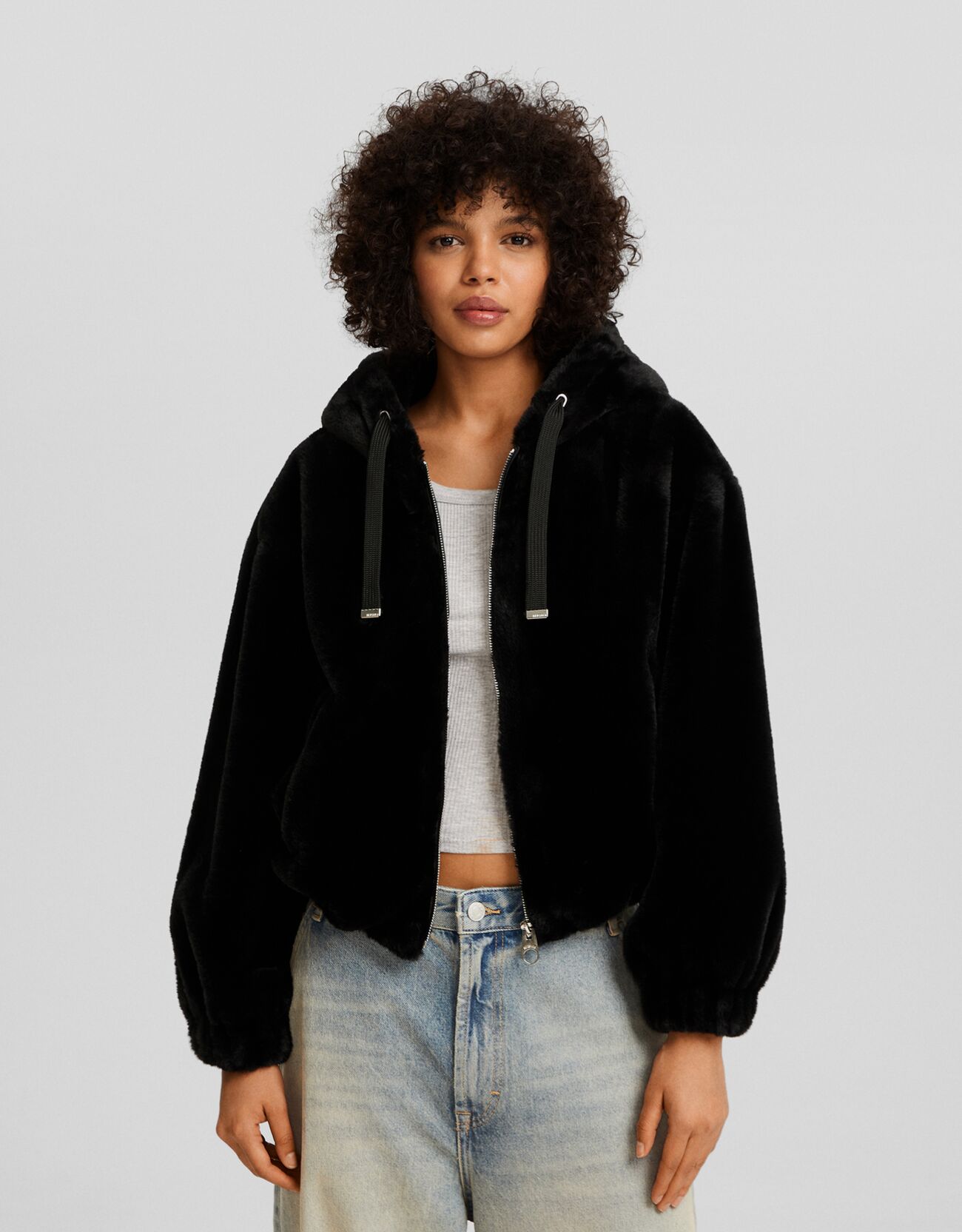 Fuzzy jacket with hood New Women Bershka