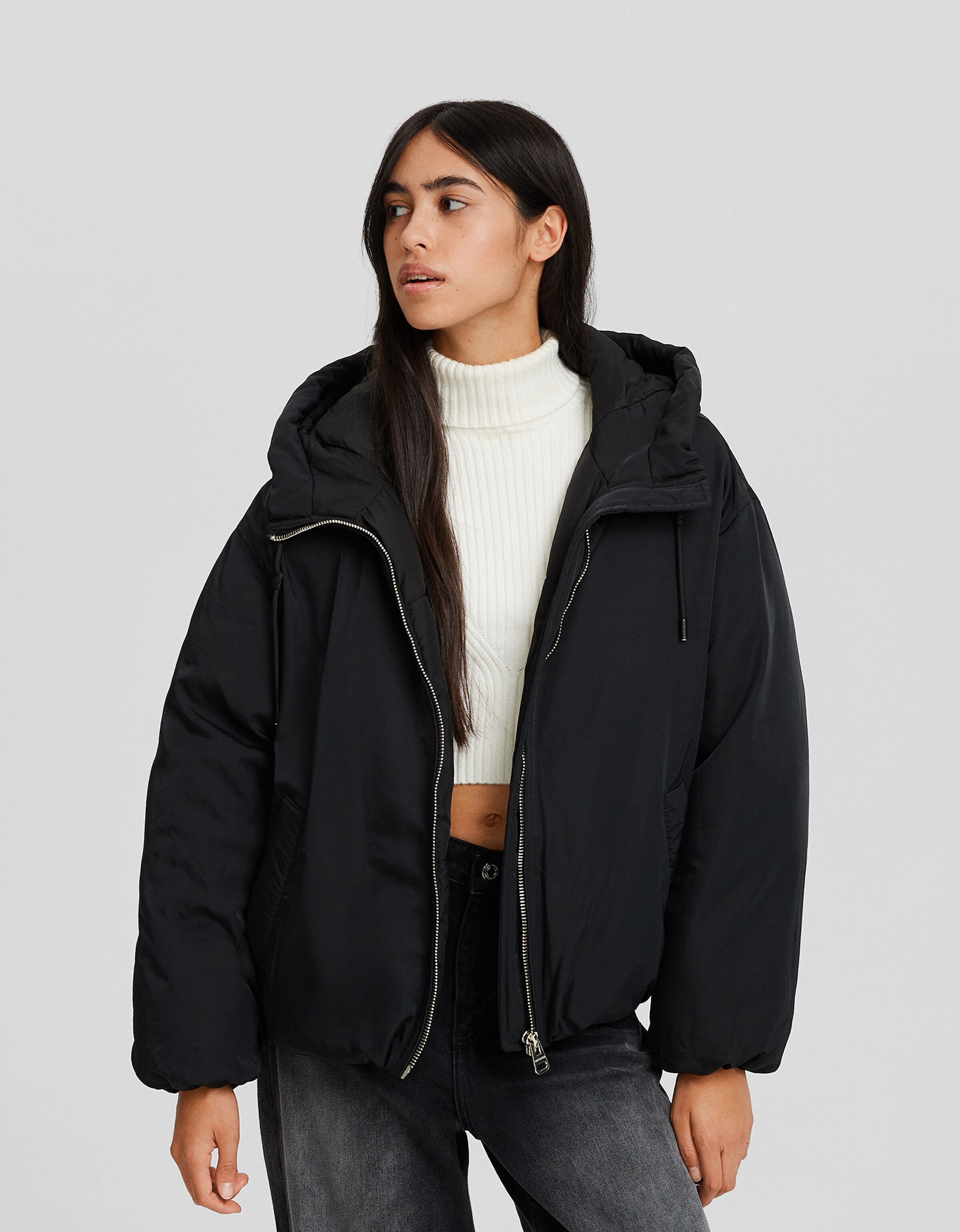 Bershka hooded puffer jacket 2024 in black