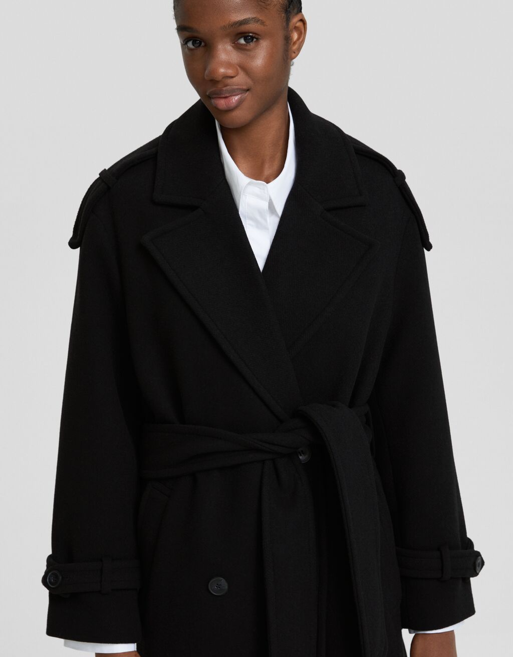 Manteau trench en laine-Noir-3