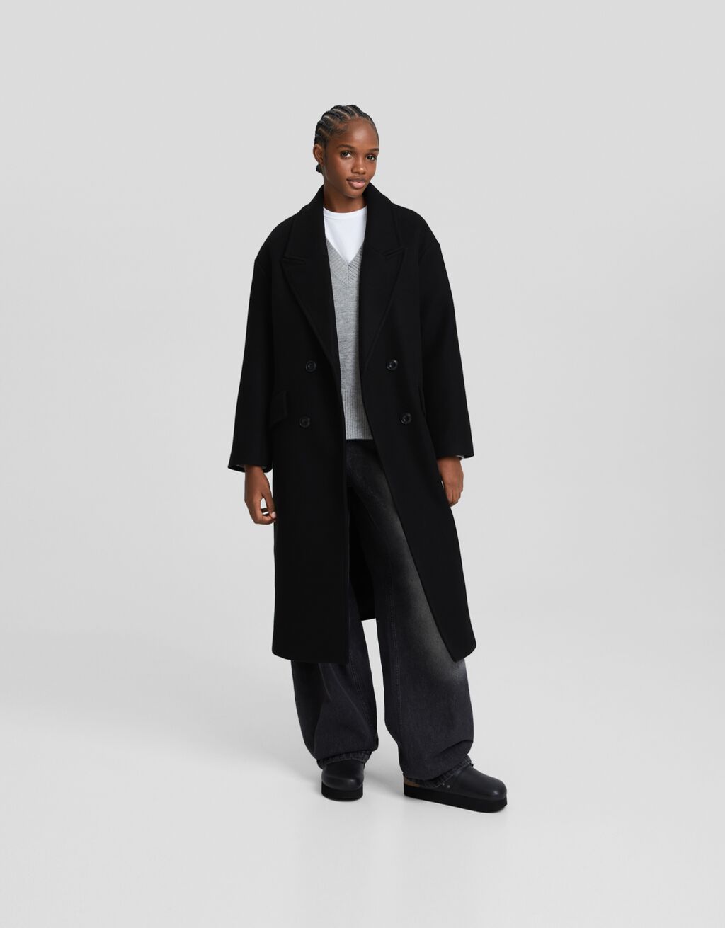 Drop-shoulder long coat-Black-0