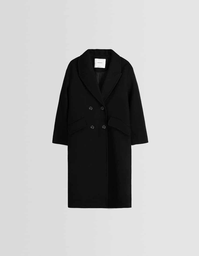Drop-shoulder long coat-Black-5