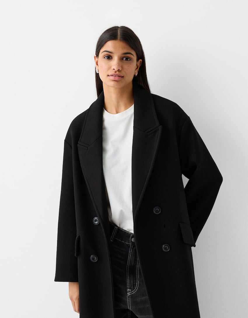 Drop-shoulder long coat-Black-1