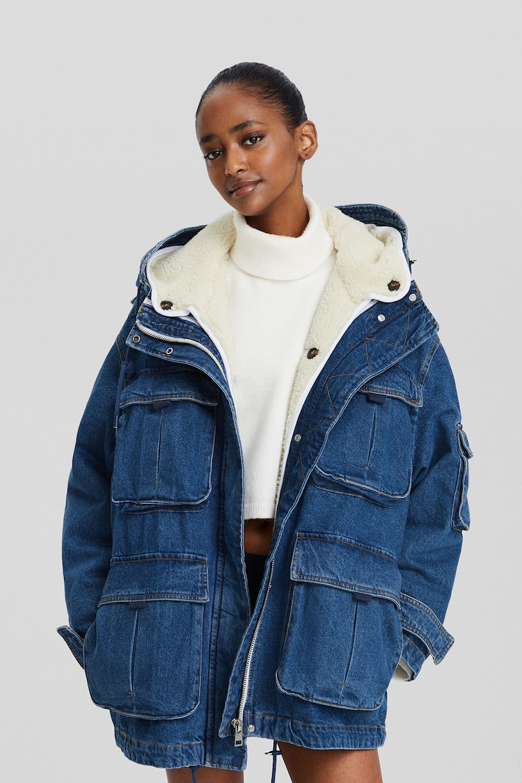 Long denim parka with faux shearling lining