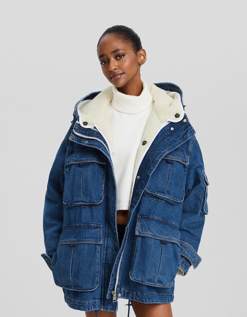 Long denim parka with faux shearling lining-Blue-0