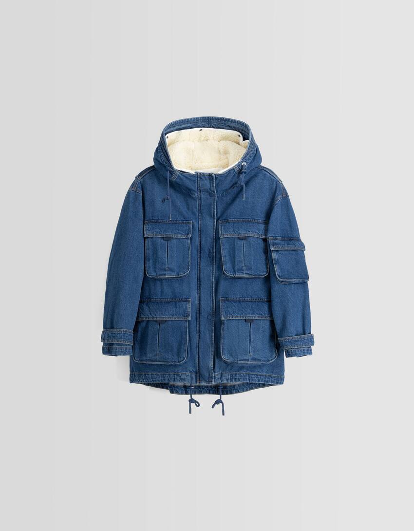 Long denim parka with faux shearling lining-Blue-4