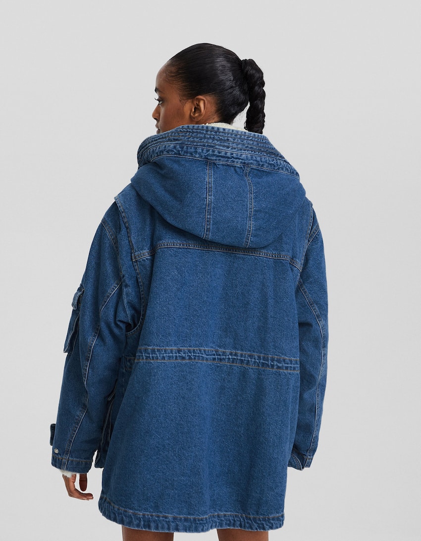 Long denim parka with faux shearling lining-Blue-1