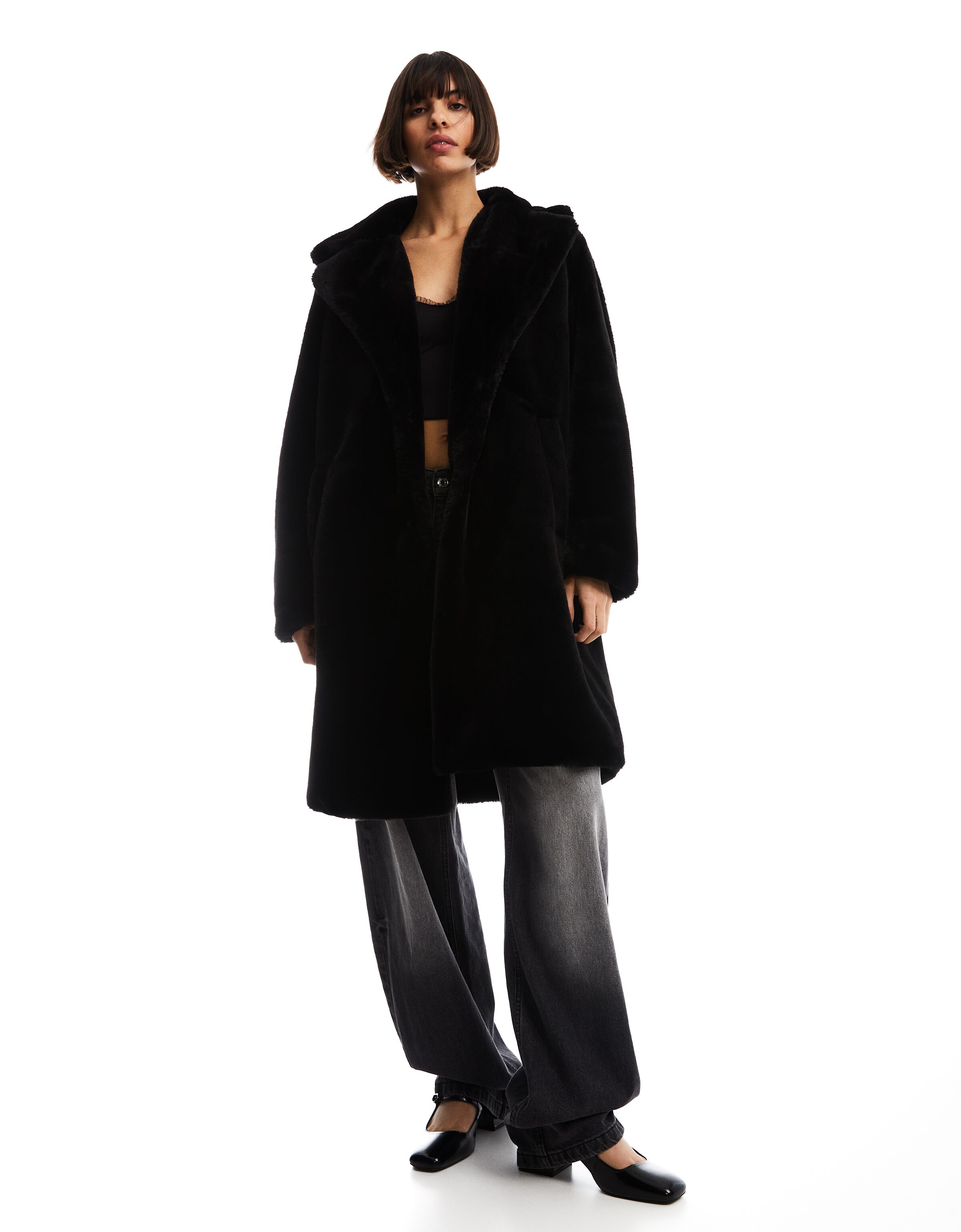Bershka check clearance teddy longline coat