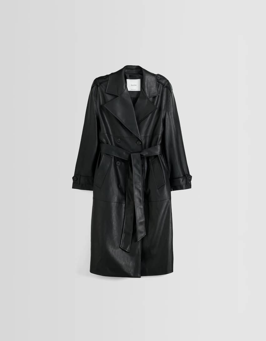 Faux leather trench coat-Black-4