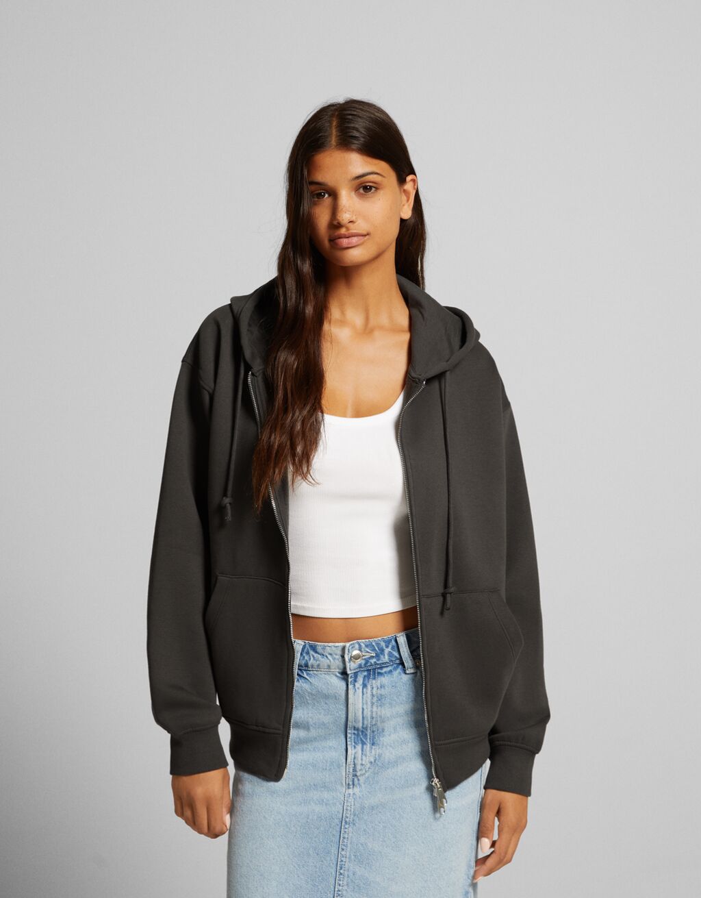 Sweat zippé capuche oversize-Gris foncé-0