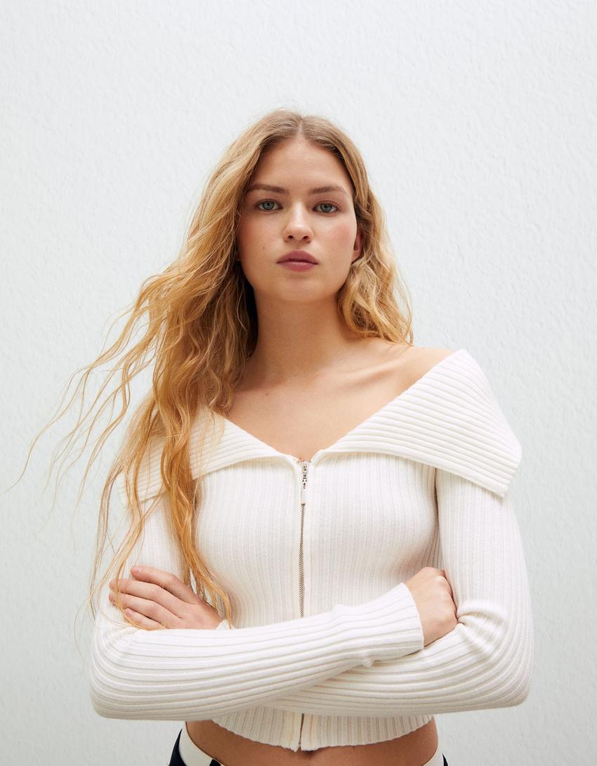 Bardot neck zip-up cardigan-Cream-2
