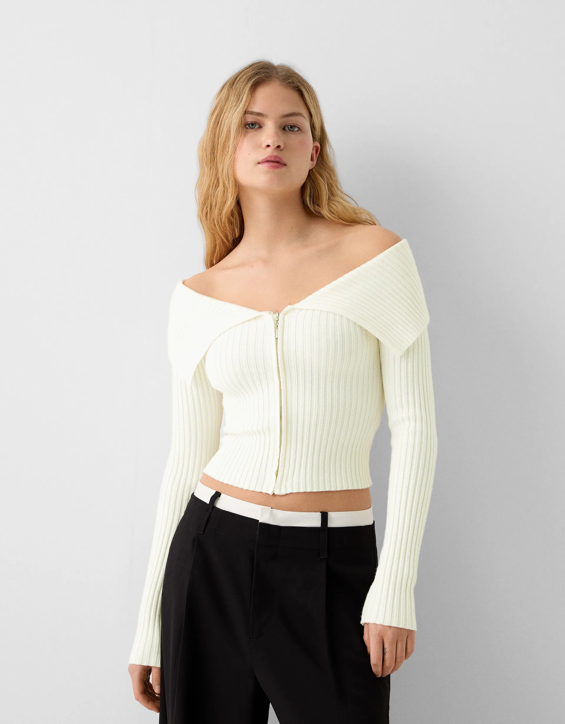 Bardot neck zip-up cardigan - - cardigans Sweaters Bershka and Women 