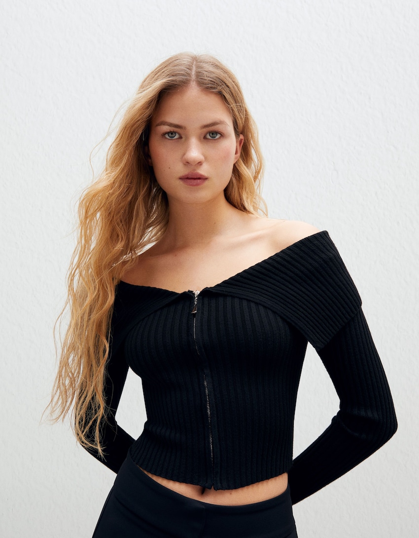 Bardot neck zip-up cardigan - Women | Bershka