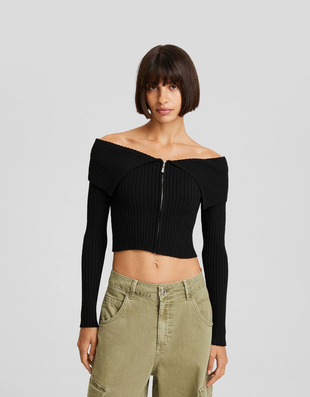 Gilet manches longues zippé col Bardot