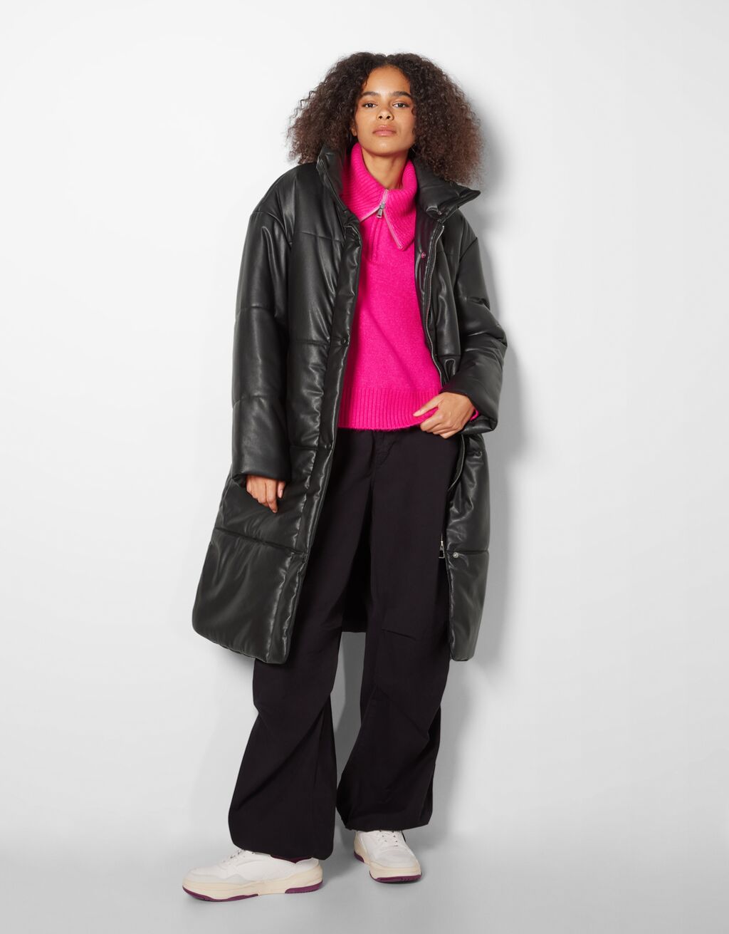 Long faux leather puffer coat Coats Women Bershka