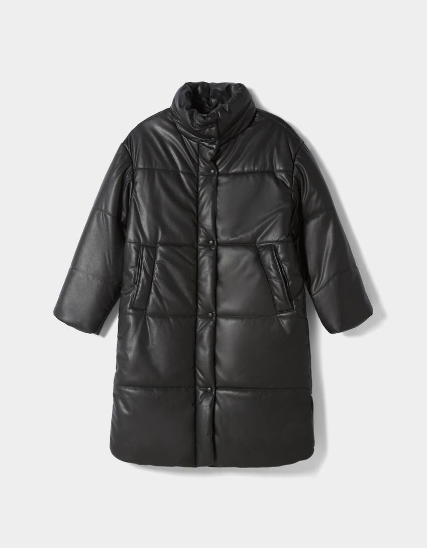Long faux leather puffer coat-Black-4