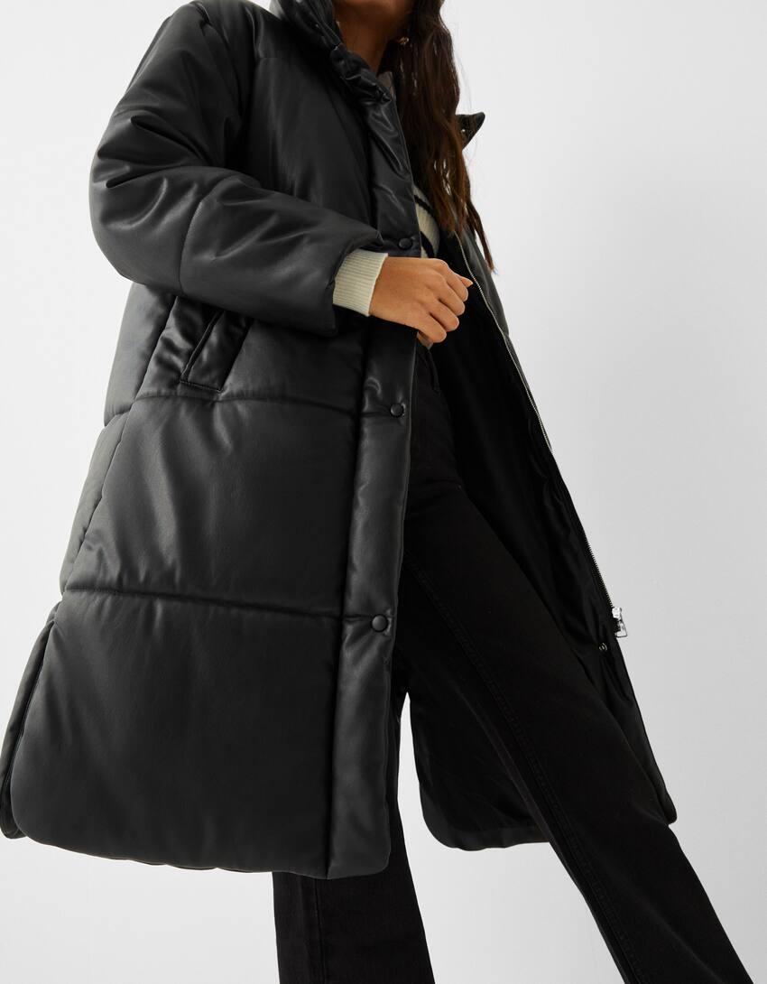 Long faux leather puffer coat-Black-3