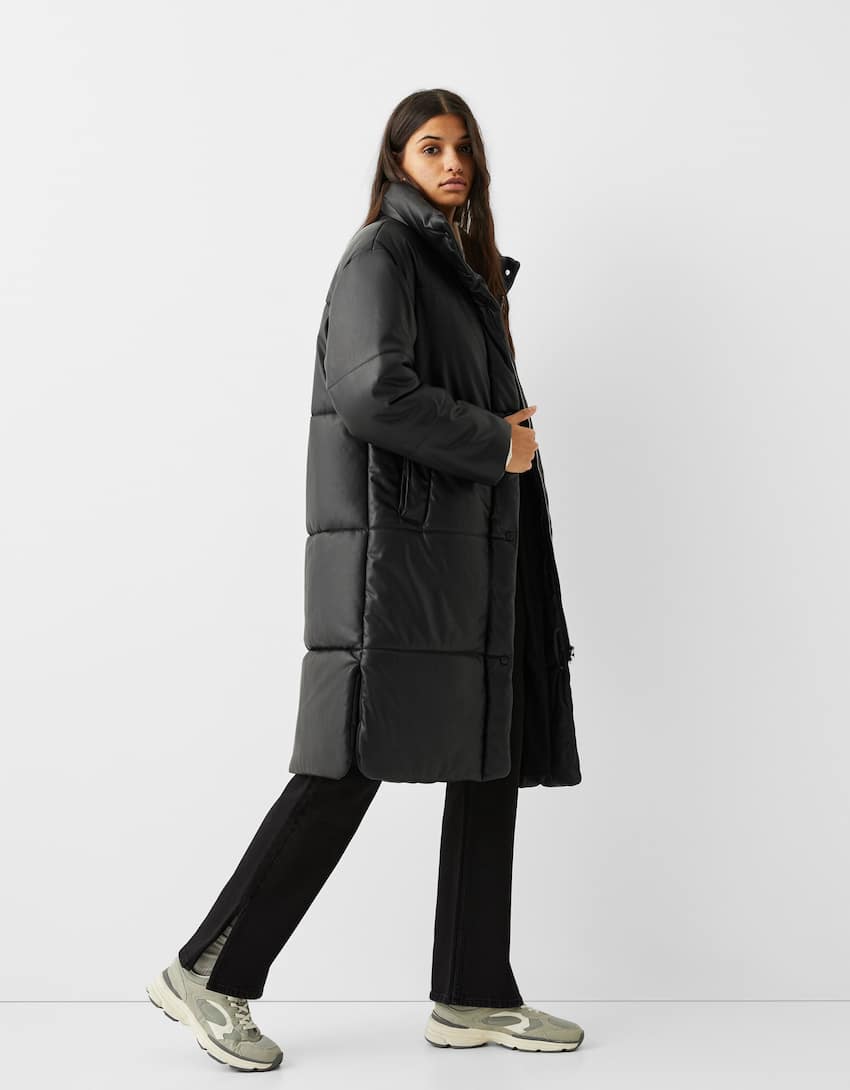 Long faux leather puffer coat-Black-0