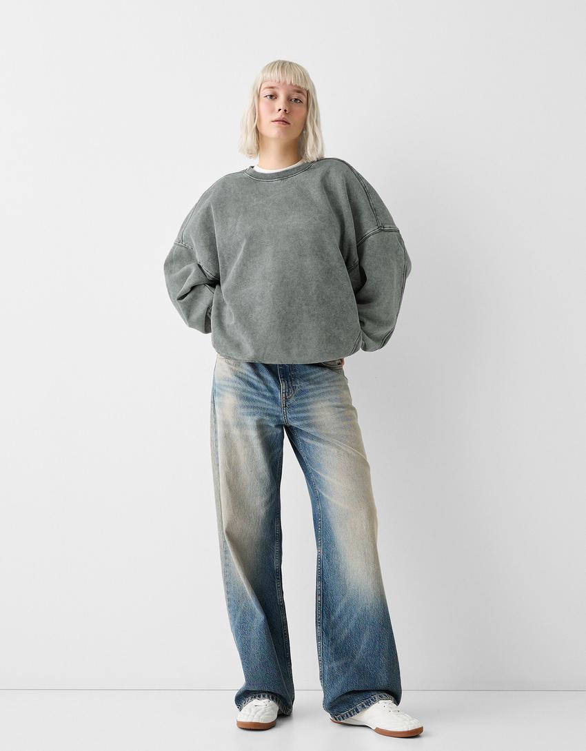 Kapüşonlu oversize sweatshirt-Gri-2