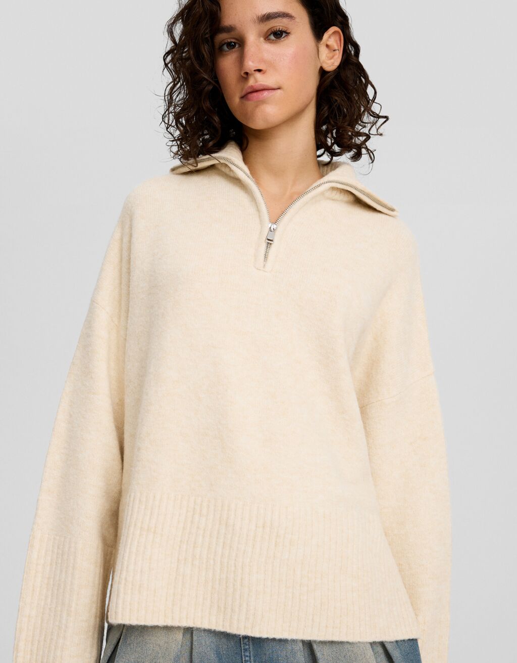 Pull col roulé fermeture Éclair-Sable-2