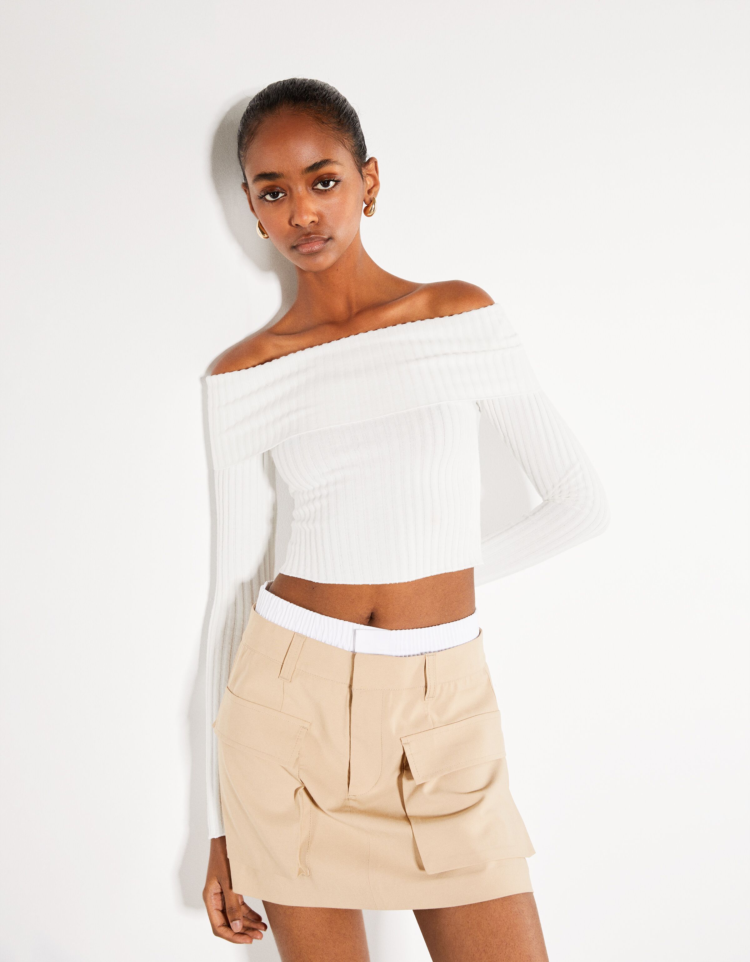 White long sleeve bardot crop top sale
