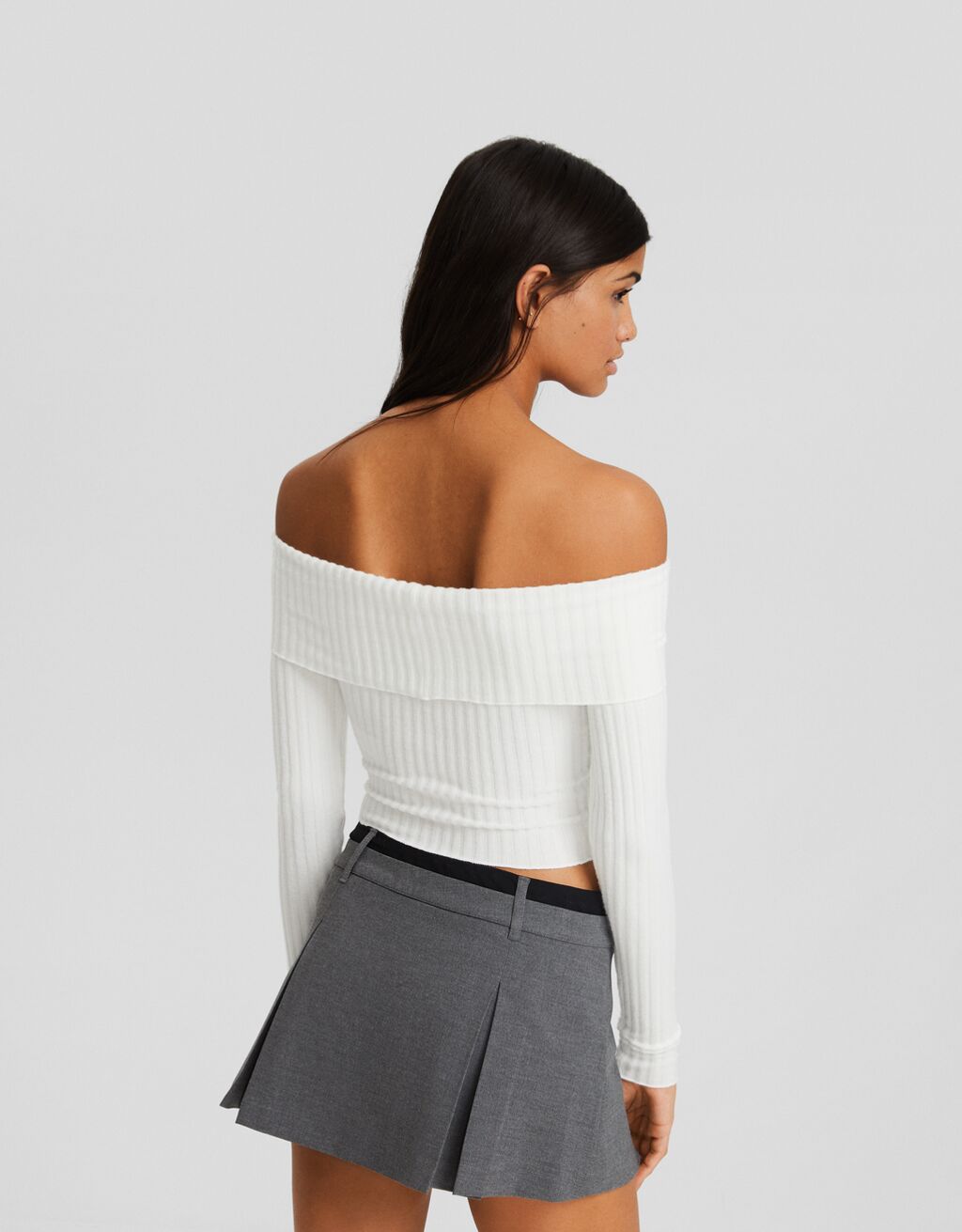 Ribbed long sleeve Bardot T-shirt-Cream-1