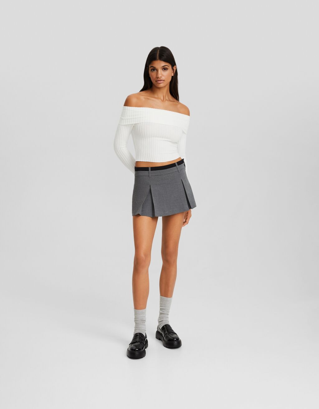 Ribbed long sleeve Bardot T-shirt-Cream-3