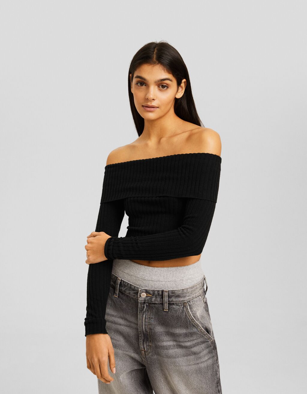 Ribbed long sleeve Bardot T-shirt-Black-0