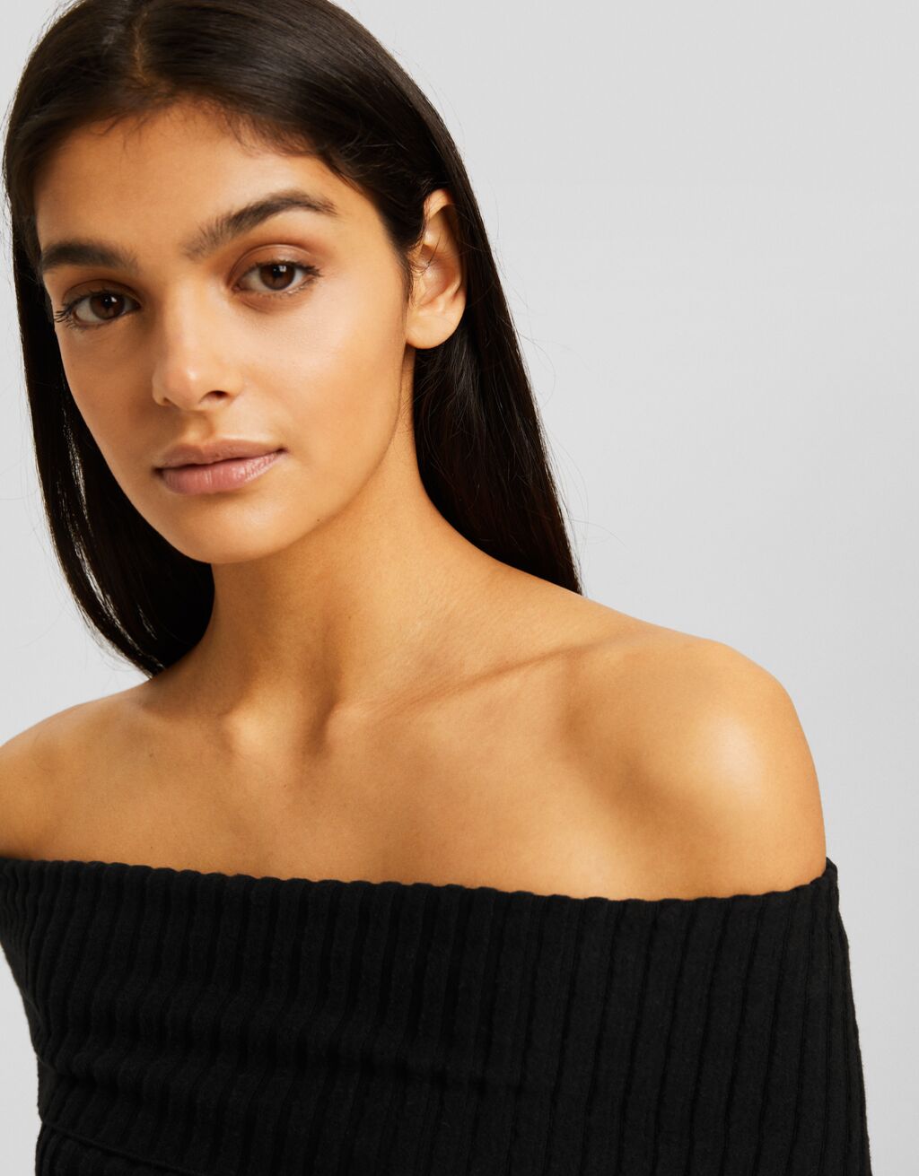 Ribbed long sleeve Bardot T-shirt-Black-2