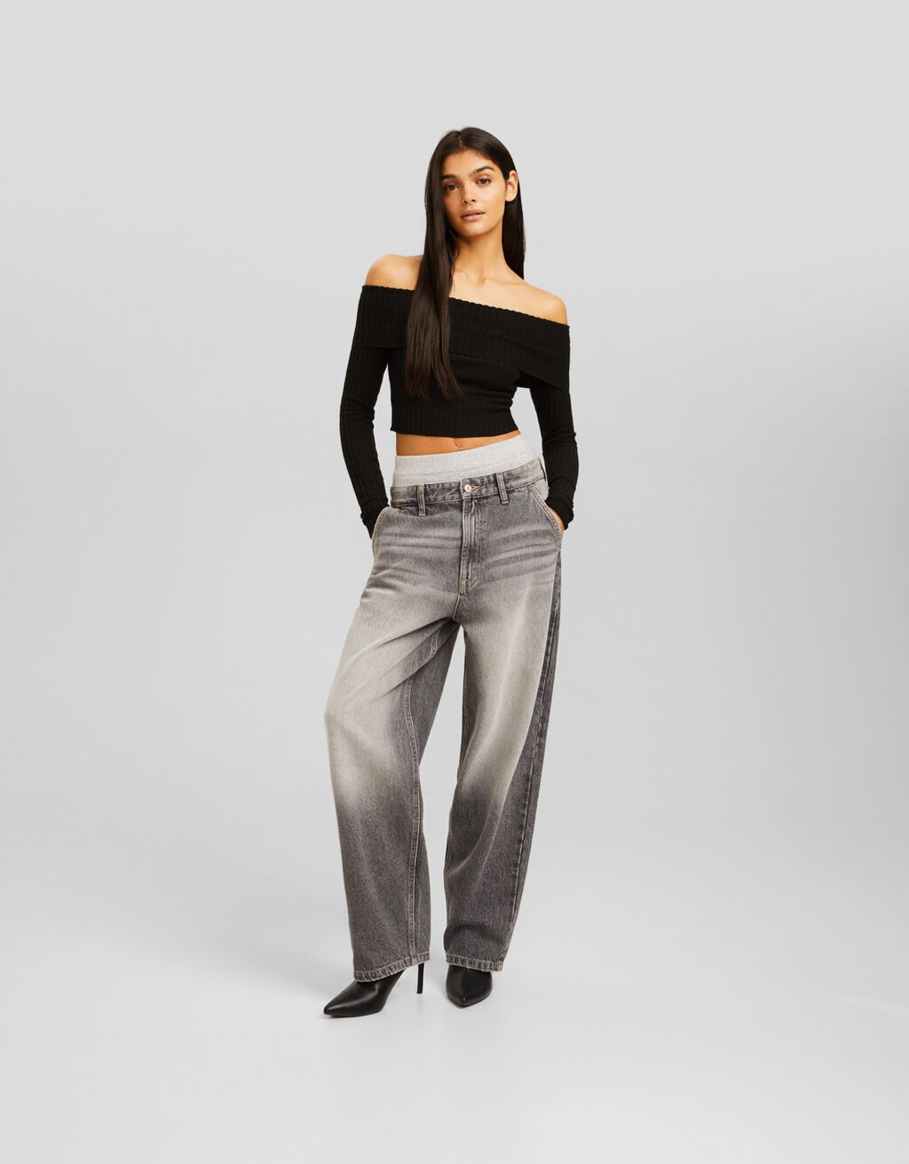 Ribbed long sleeve Bardot T-shirt-Black-3