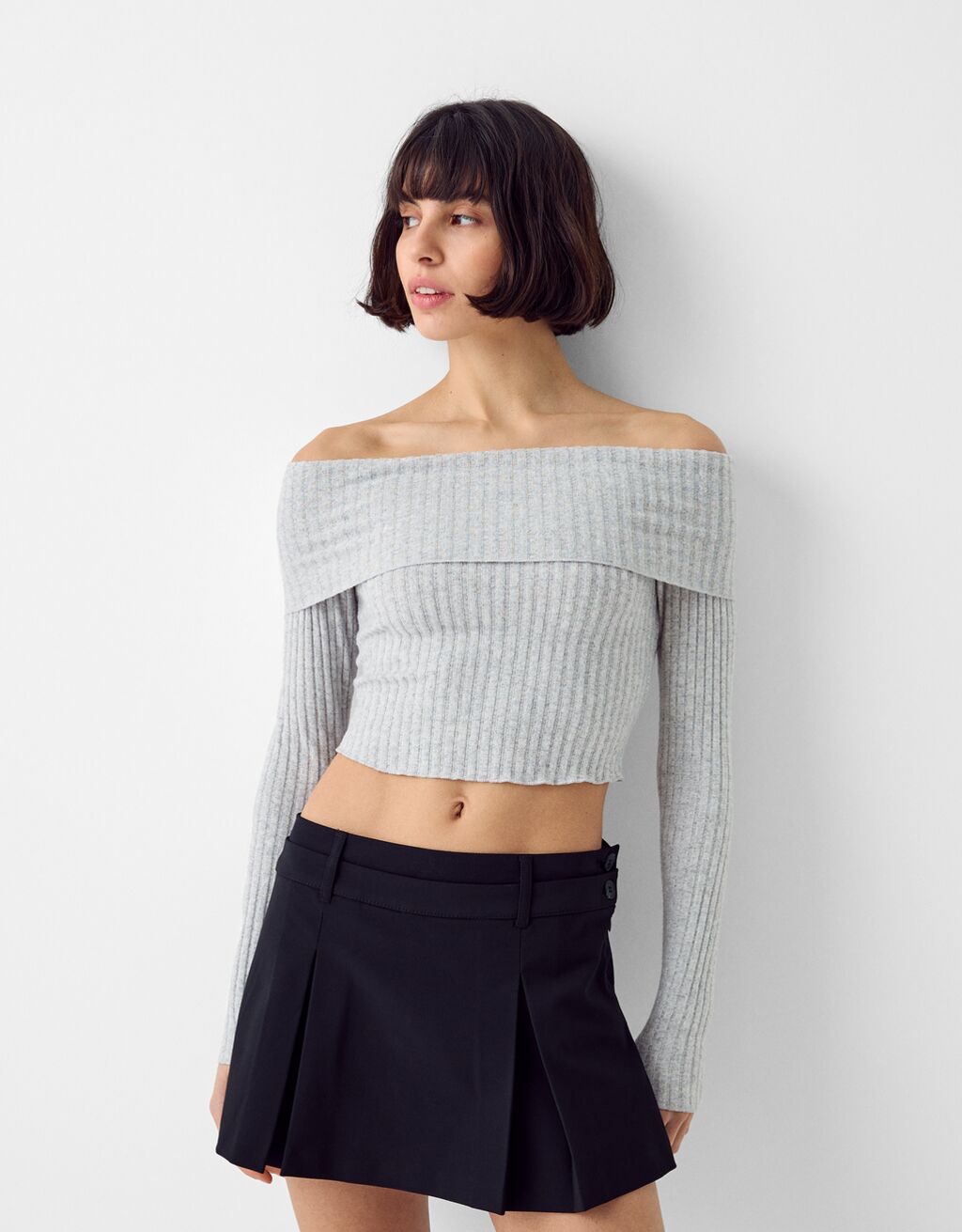 Uzun kollu açık omuzlu fitilli t-shirt-Gri-0