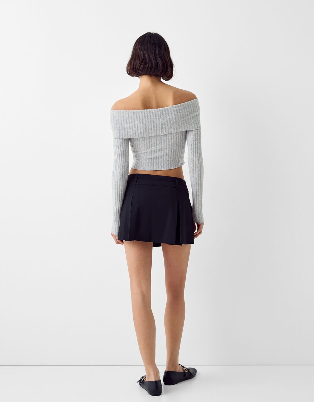 Uzun kollu açık omuzlu fitilli t-shirt-Gri-1