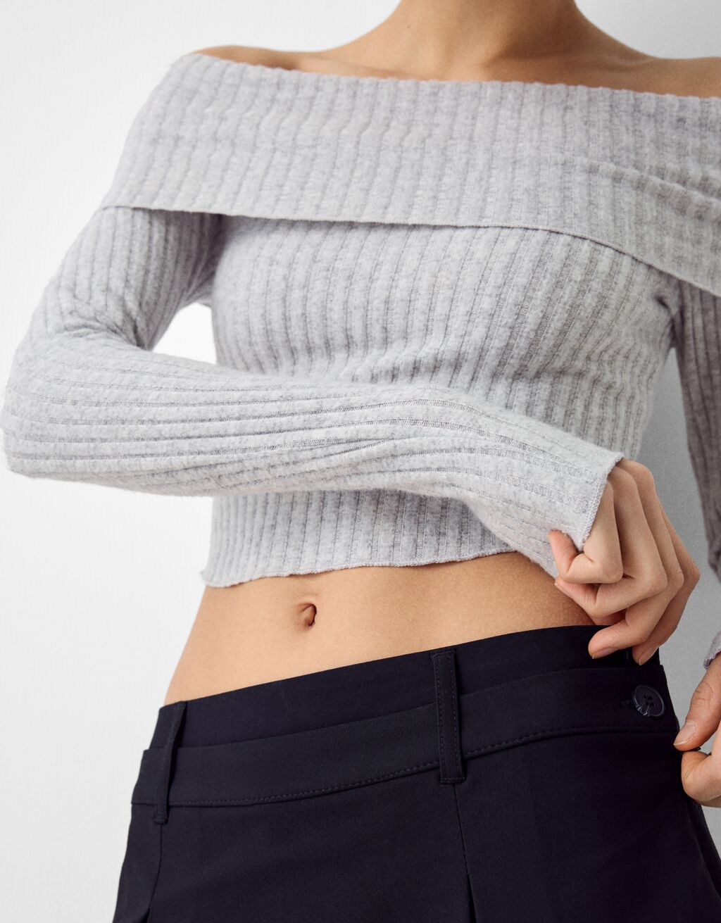 Uzun kollu açık omuzlu fitilli t-shirt-Gri-5