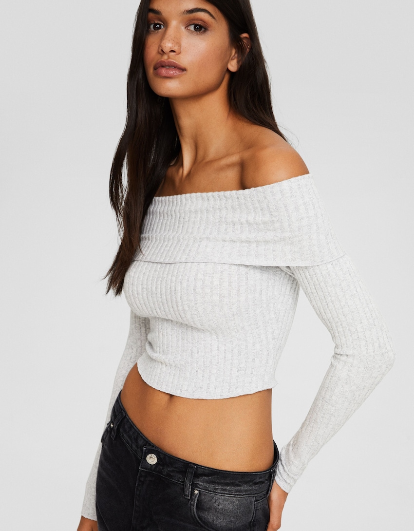 Ribbed sweater with Bardot neckline - Women | Bershka
