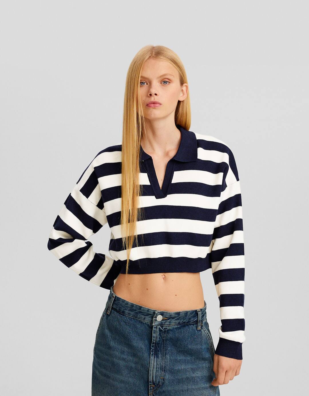 Polo collar sweater with stripes