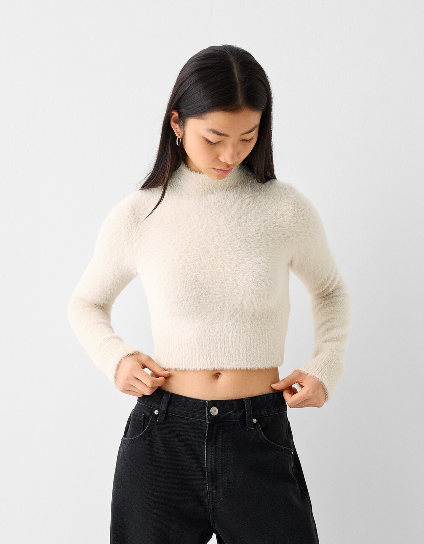 Pull col montant fausse fourrure-Sable-0