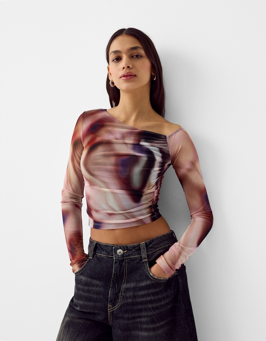 Long sleeve tulle print T-shirt - Women | Bershka