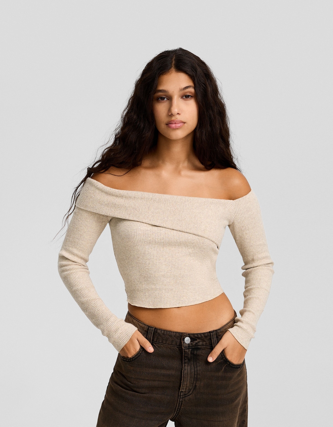 Asymmetric knit long sleeve Bardot T-shirt