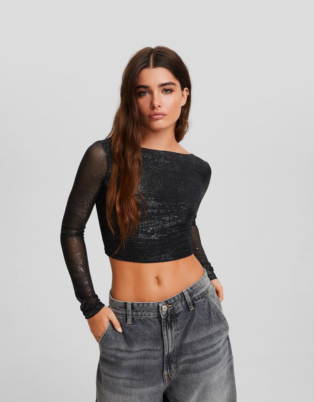 Metallic print long sleeve T-shirt with open back