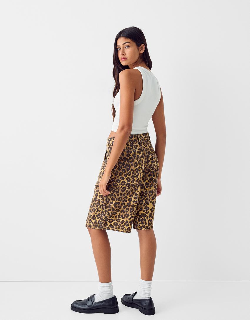 Desenli fitilli kumaş bermuda şort-Deve tüyü rengi-2