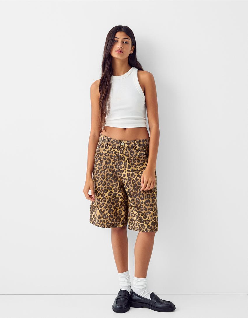 Desenli fitilli kumaş bermuda şort-Deve tüyü rengi-0