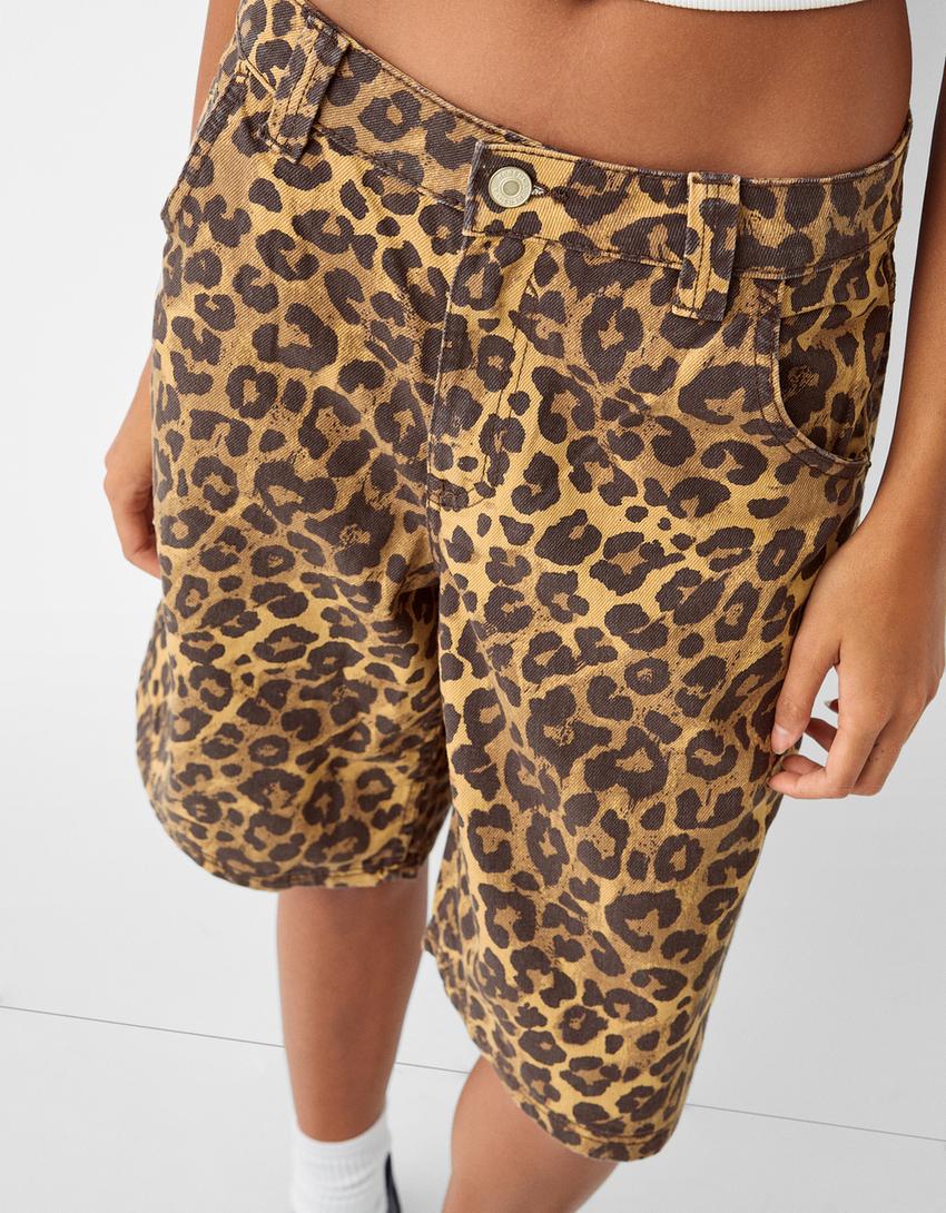 Desenli fitilli kumaş bermuda şort-Deve tüyü rengi-3