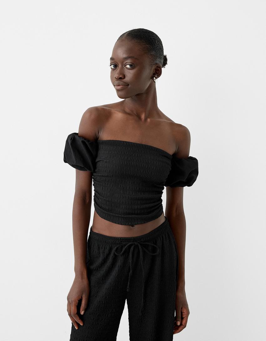 טופ מבד שניל עם שרוולים מבד פופלין-שחור-0