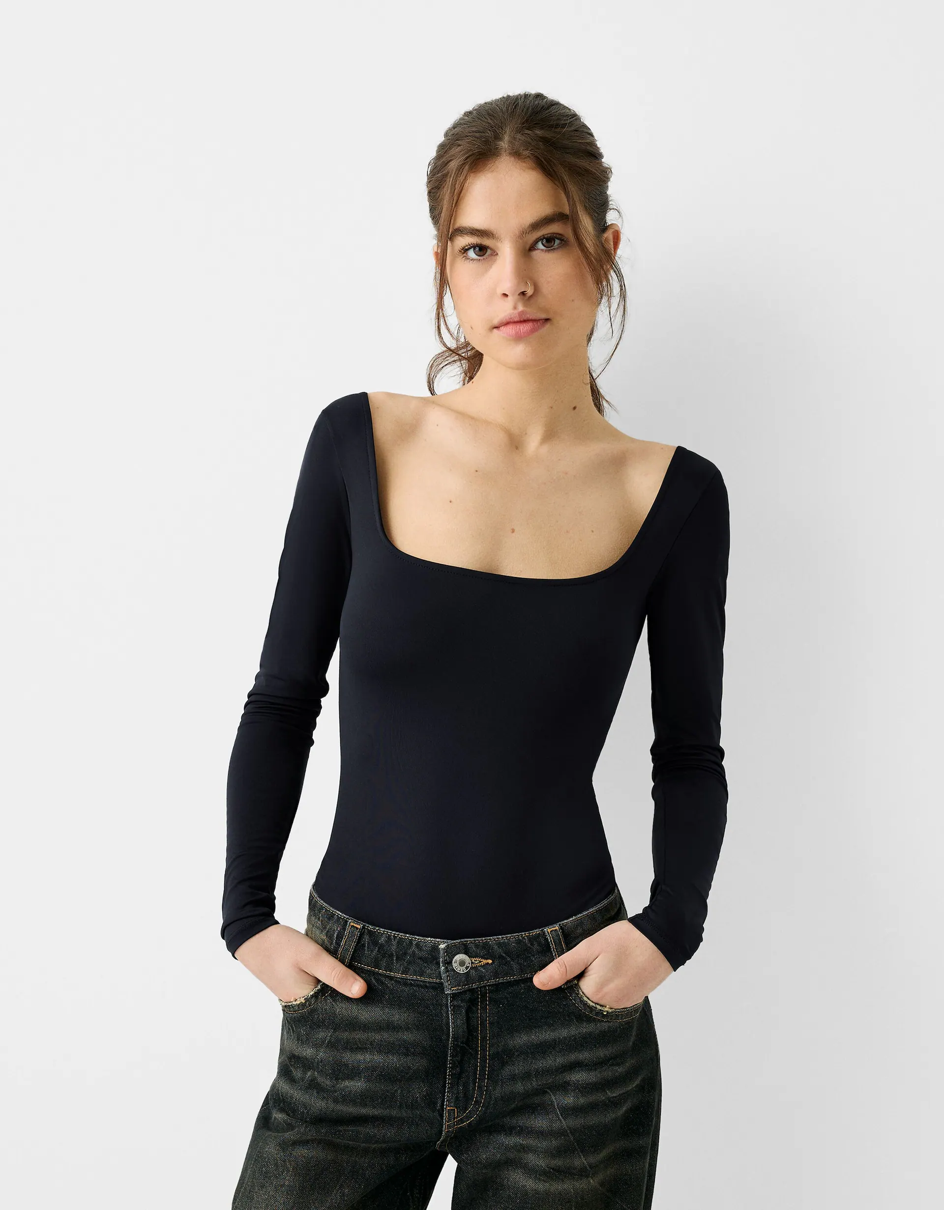 Ribbed knit bodysuit with tulle sleeves Woman, Black