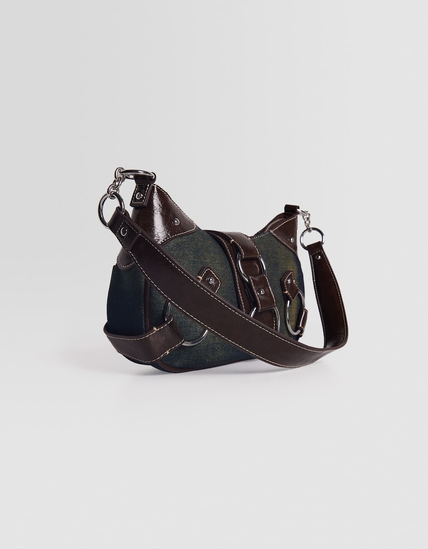 Contrast vintage shoulder bag with rings-Blue-4