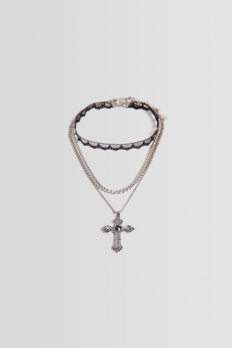 3er-Set Halsketten mit Kette, Strass und Kreuz