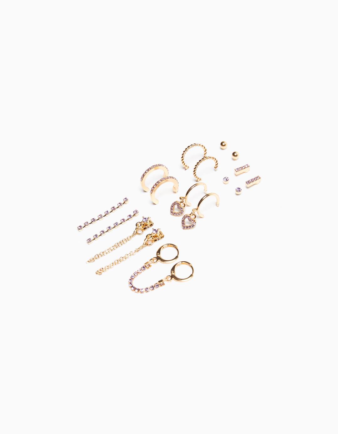 Set of 9 rhinestone hoop earrings