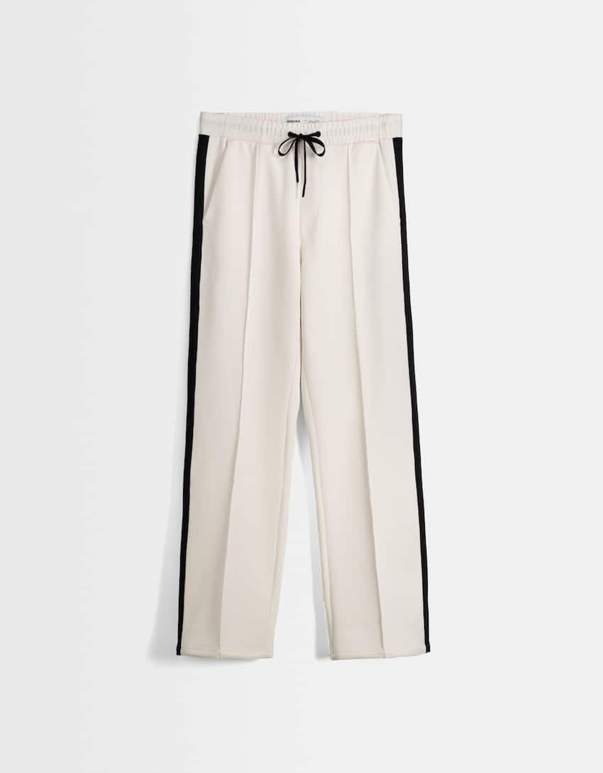 Interlock trousers with side stripes-Off white-4