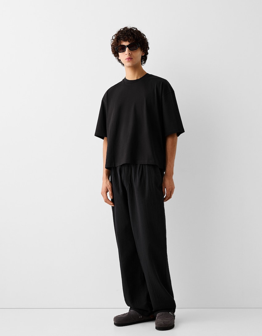 Textured rustic wide-leg trousers