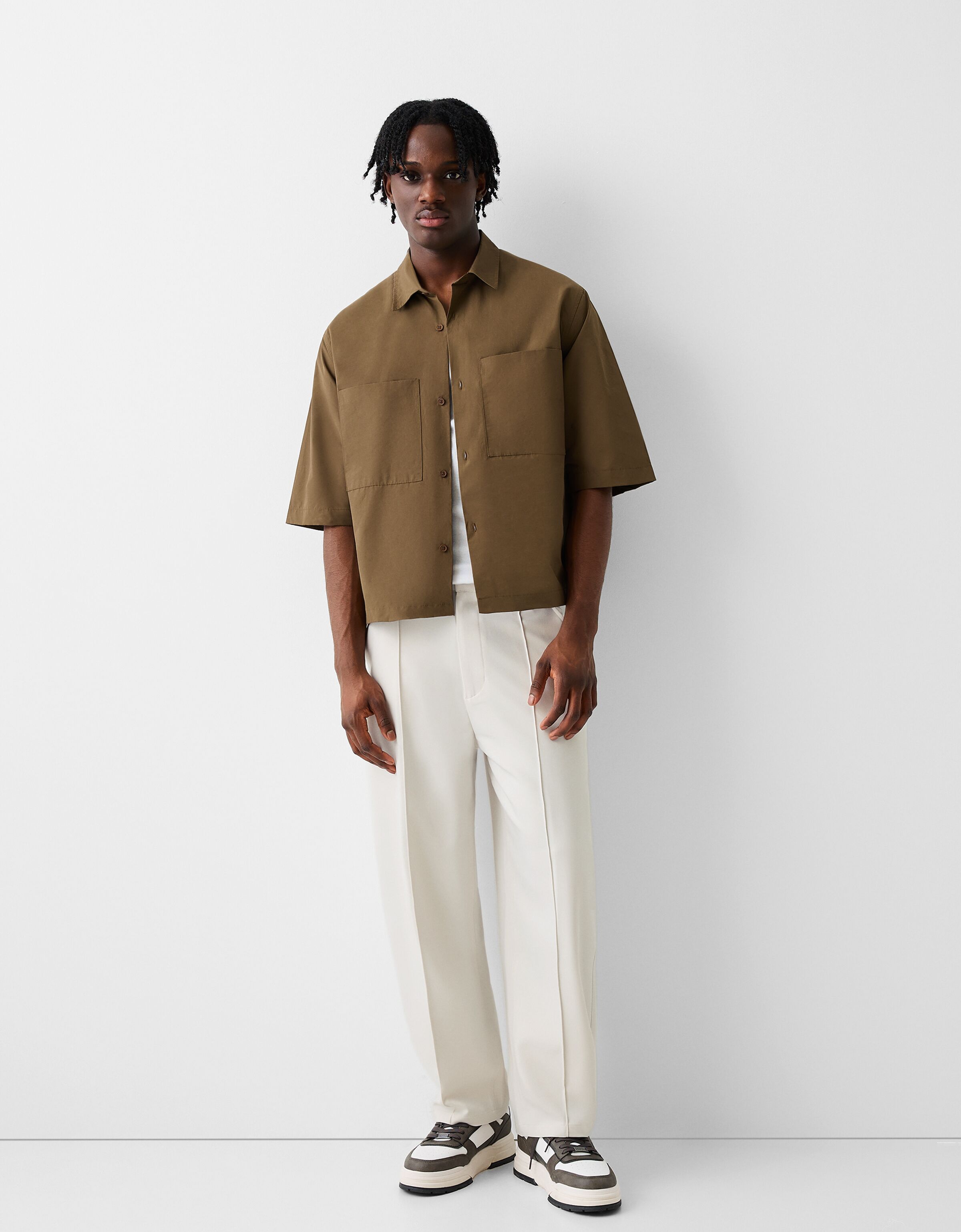 Cropped slim baggy trousers, beige, twill and denim mix | Salsa