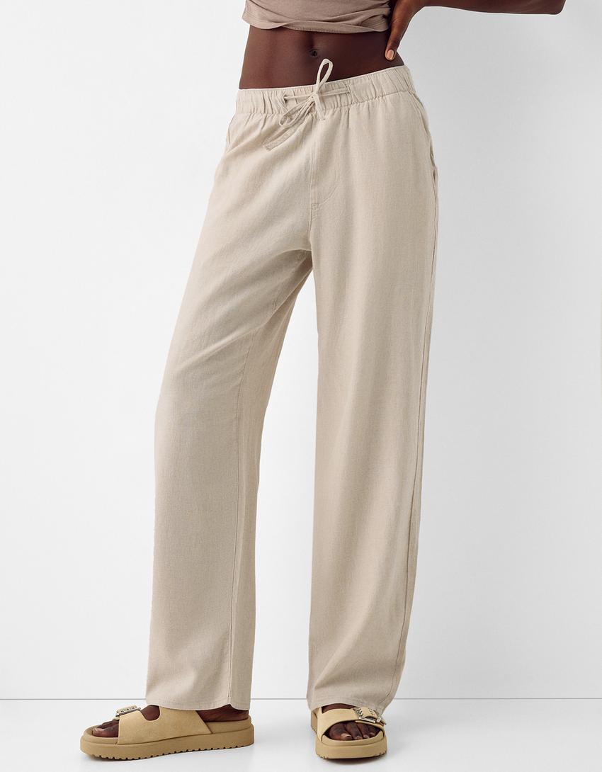 Calças jogger wide com linho-Areia-0